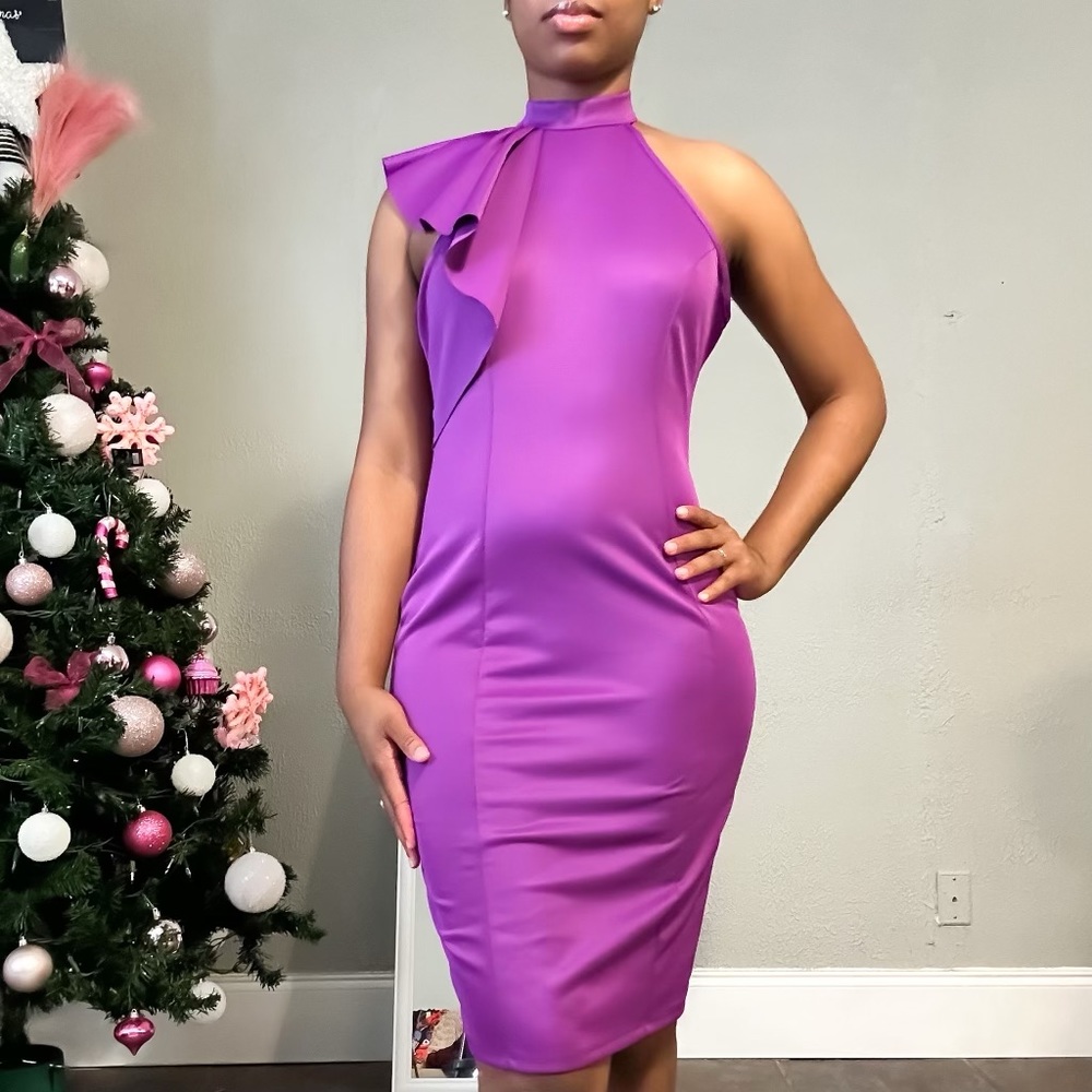 Women's One Shoulder Ruffle Sleeve Midi Dress Bodycon Party Dress